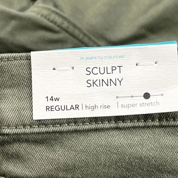 M Jeans Pants 14W Olive Green Neutral Tone Denim Casual Skinny High Rise Jeans - Picture 9 of 14